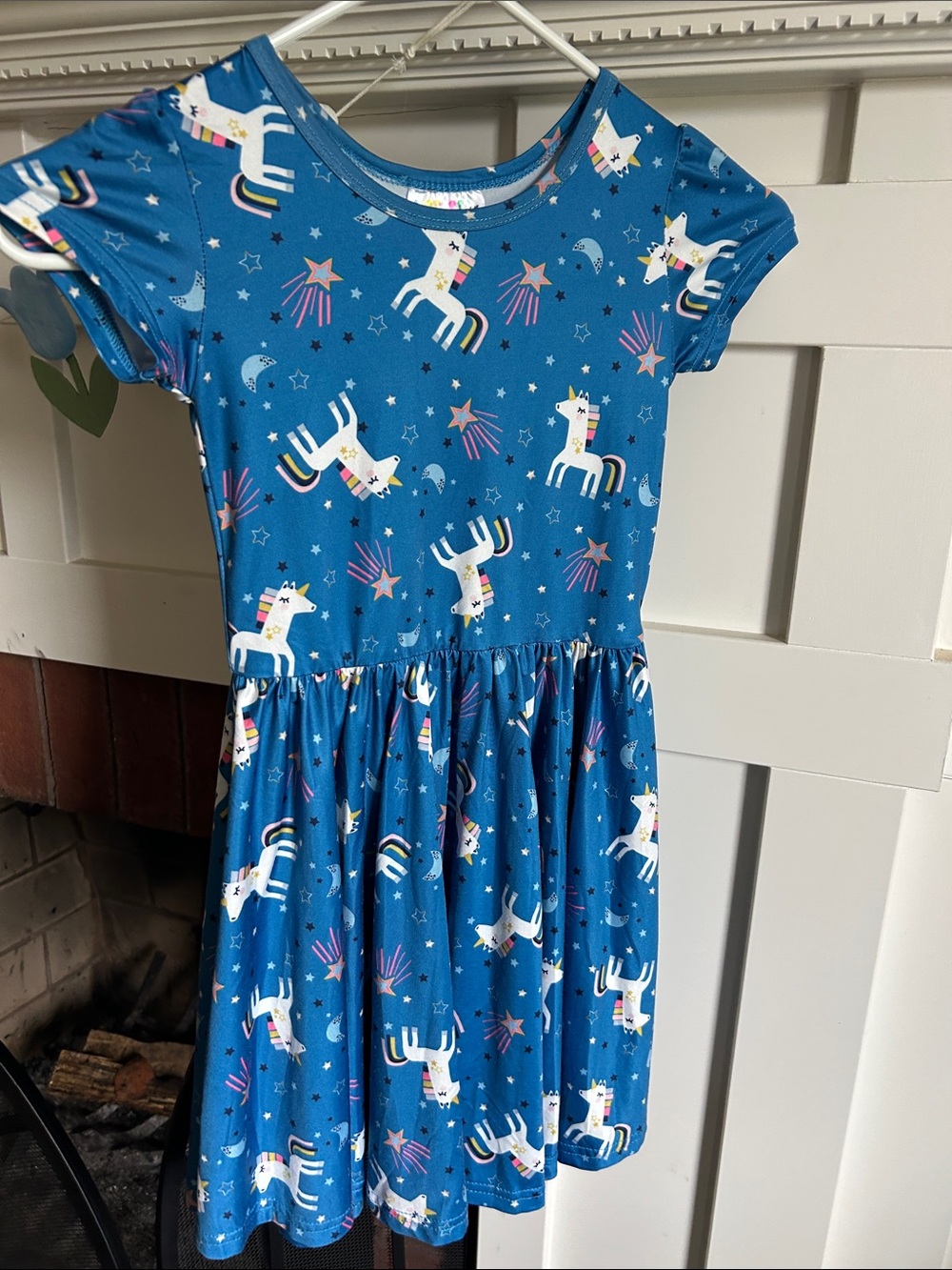 Girl's Dotdotsmile Blue Unicorn Short Sleeve Twirl Dress Size 5/6